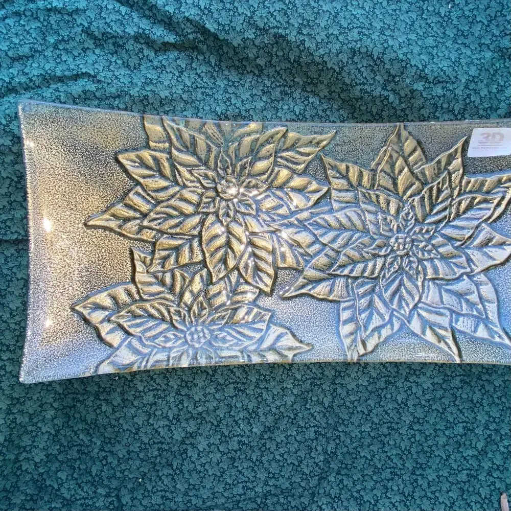 3dglassware Clear Curved Glass‎ Tray w/ Raised Gold Poinsettia MINT COND.